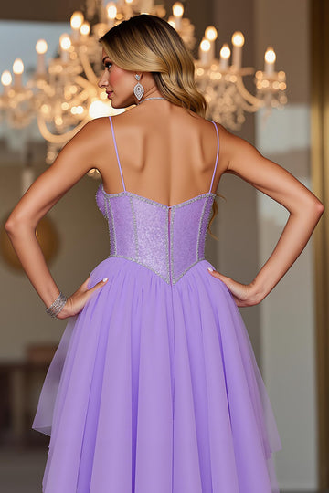 Purple Spaghetti Straps High Low Homecoming Dress with Beading